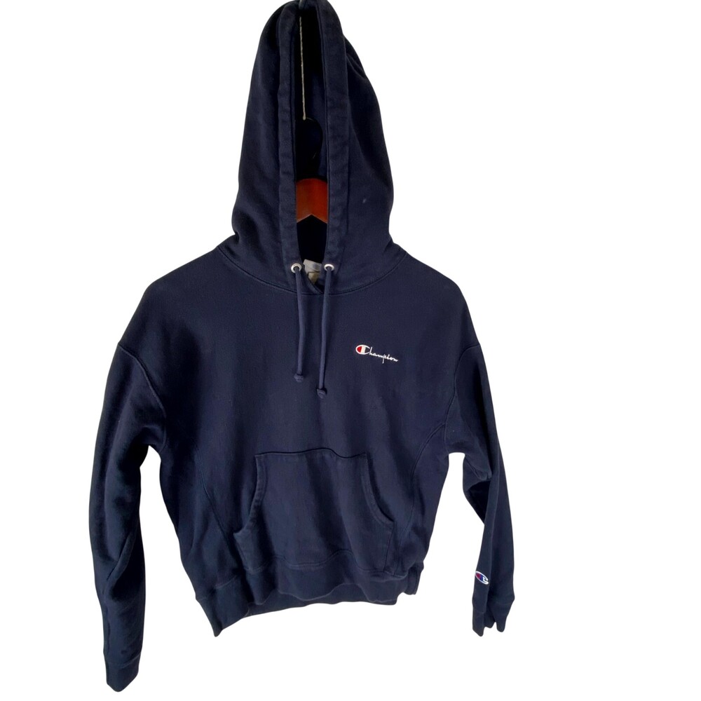 Champion Hoodie Mens Medium Navy Logo Reverse Weave Long Sleeve Pockets Pullover